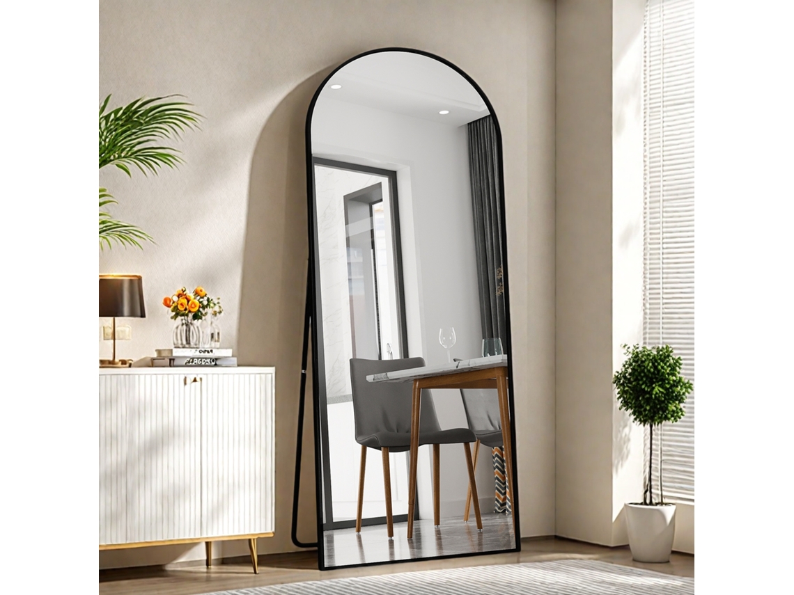 Espejo de cuerpo entero 180 x 80 cm en cristal templado con marco de aluminio negro, forma arqueada, espejo de suelo grande Ycone