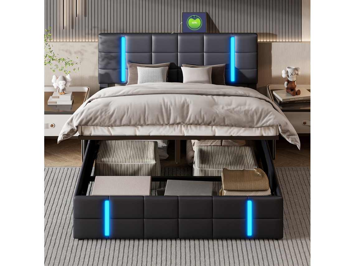 Cama Matrimonial Hidráulica 160x200 Cm Con Almacenaje, Led Rgb Y Usb, Cabecero Tapizado Negro
