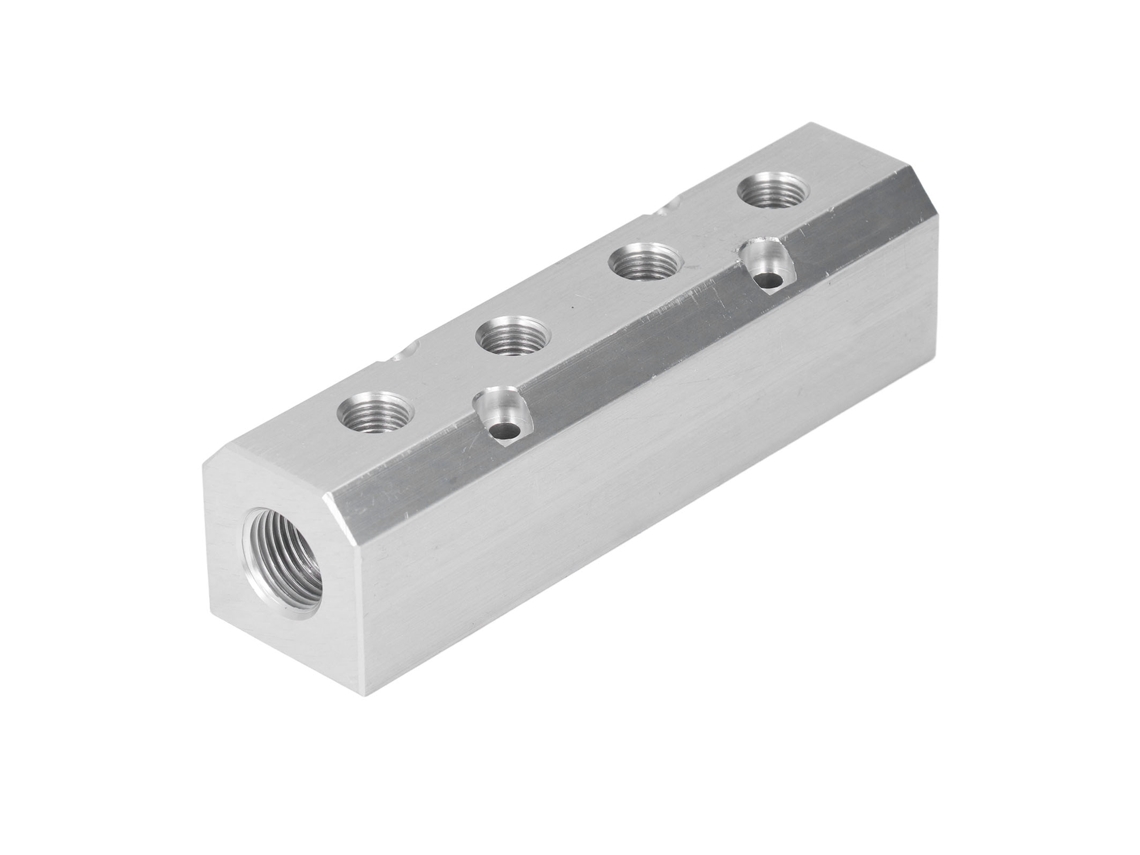 Bloque neumático de aluminio de 40x40 mm con entrada G1/2" y salida G1/4" Sy40-02-4f