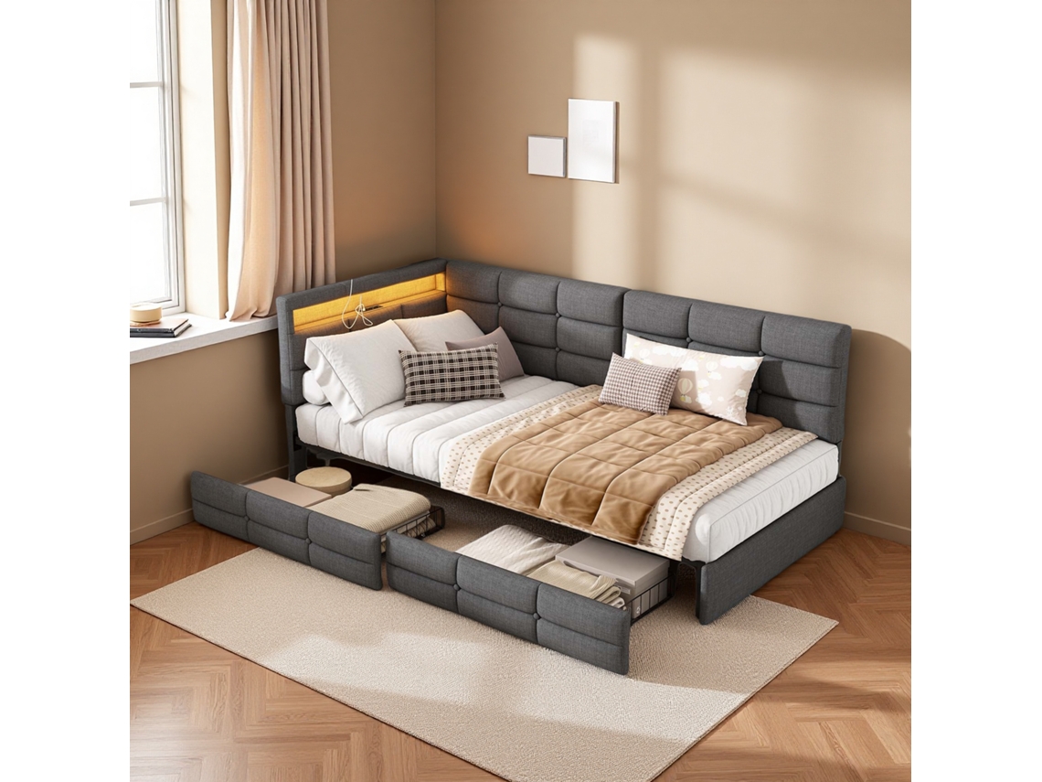 Sofá Cama 90x200 Cm, Tapizado Con Iluminación Led, Función De Carga Usb Y 2 Cajones, Tejido De Lino, Color Gris