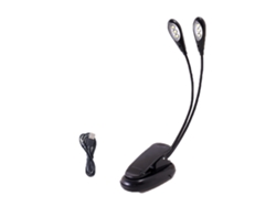 Lámpara de clip ajustable con doble cabezal, cuello de cisne flexible que se inclina 360 grados, ligera y compacta para facilitar su transporte, funciona con 3 baterías.