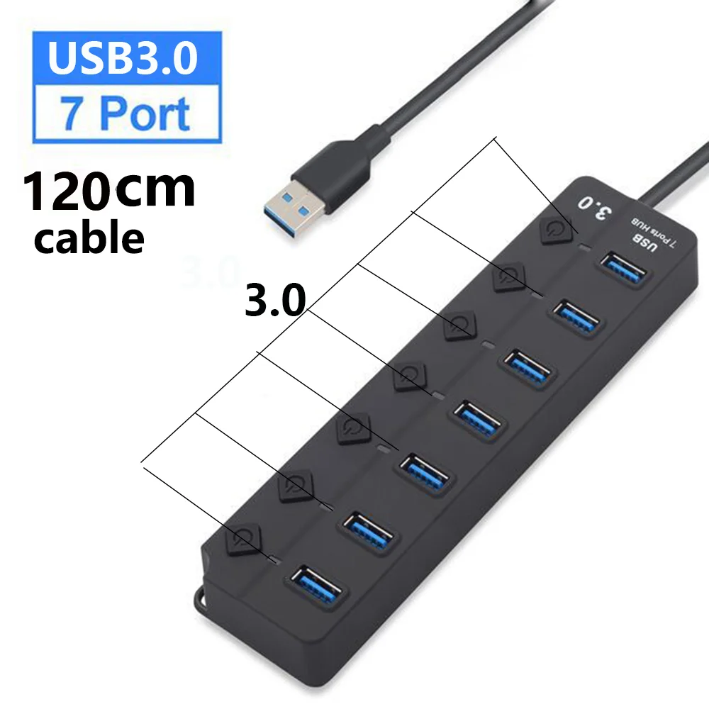 (7 Portas, Usb 3.0, 120 Cm) Divisor Usb Multifuncional De Alta Velocidade, Hub De 5 Gbps, Com Adaptador De Energia, Interruptor E Cabo Longo.