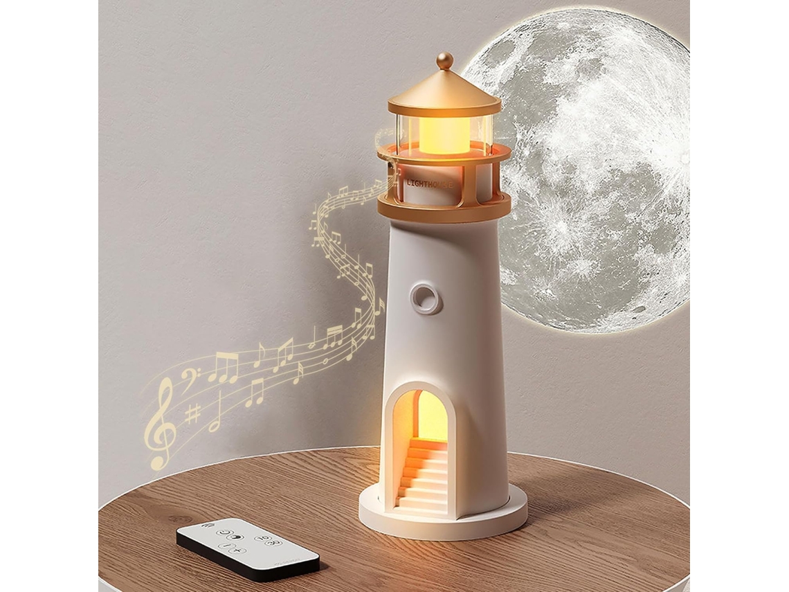 Proyector de lámpara lunar, luz nocturna con altavoces Bluetooth, luz decorativa de ambiente de faro infantil Chronus (blanco)