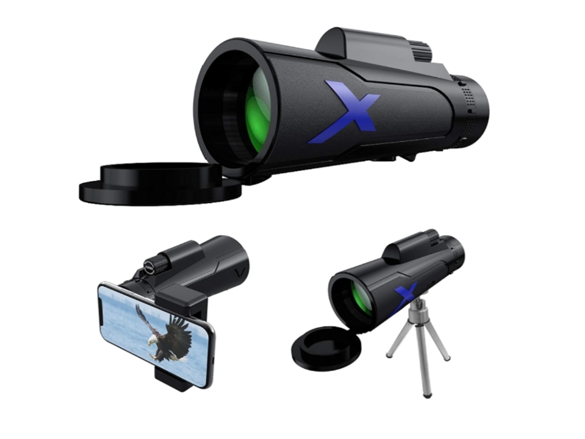 Telescopio monocular impermeable Chennnls 12x50 con soporte para smartphone y trípode para observación de aves, color negro
