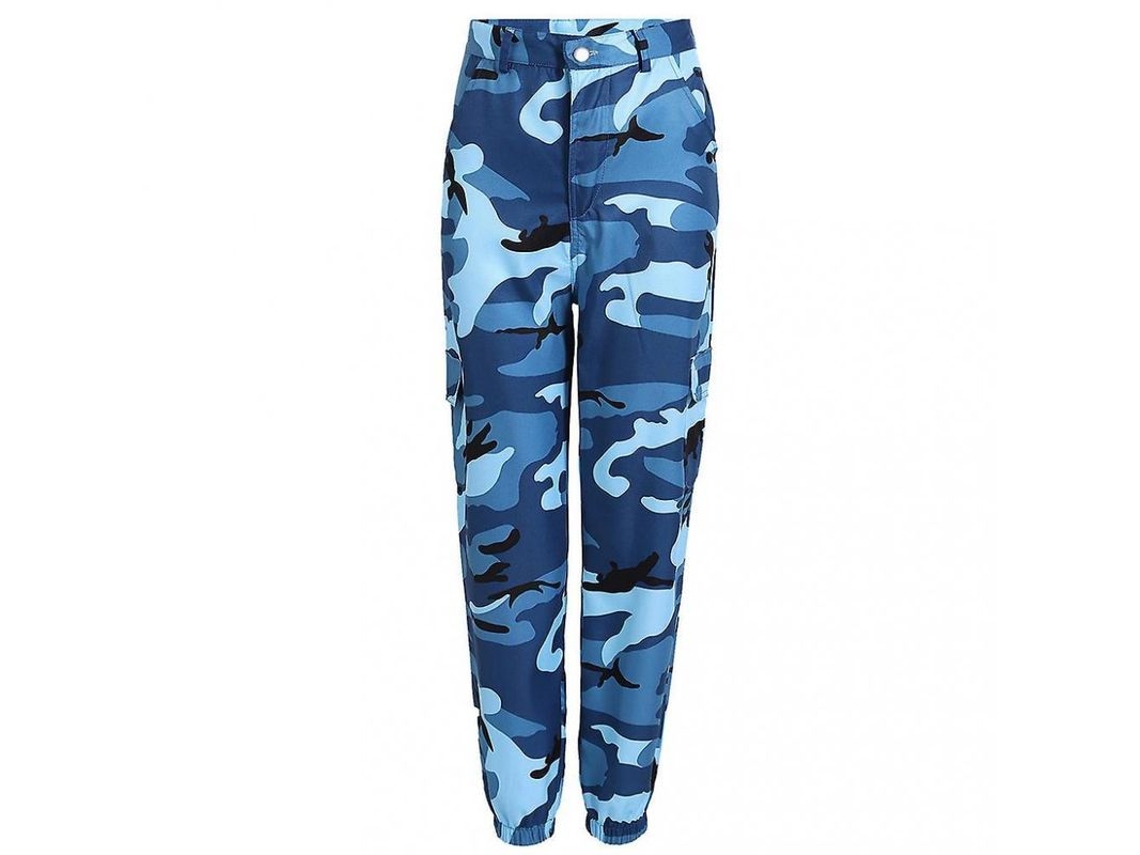 Pantalones cargo Rebe para mujer, estampado de camuflaje, estilo hip hop, con bolsillos grandes y corte que realza las caderas, talla mediana, color azul.