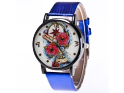 Reloj De Cuarzo Unisex Con Correa De Cuero Pu, Dial Redondo Y Patrón Floral (azul)