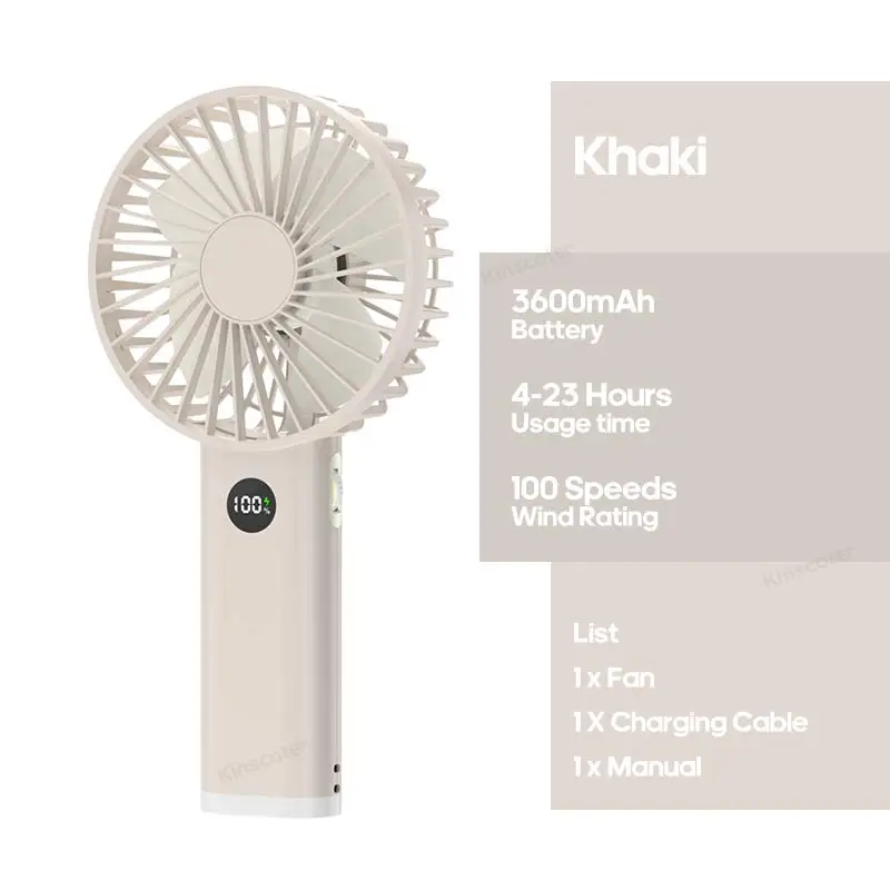 Ventilador Portátil Mini Usb De Mano (color Caqui), 3600 Mah, Con Control De Velocidad Continuo, Pantalla Y Luz Nocturna.