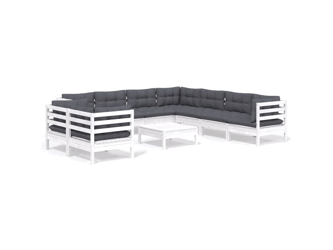 Juego de 10 sillones de jardín con cojines, pino macizo blanco, EXCLUSIVO DE LA CASA