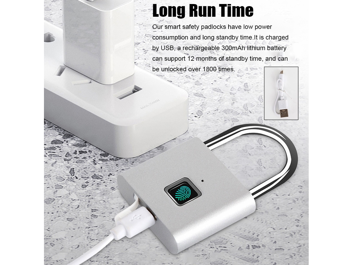 Candado de huella dactilar con carga USB, cerradura electrónica de seguridad inteligente ultraligera para puertas, cajones, armarios, maletas y bicicletas.