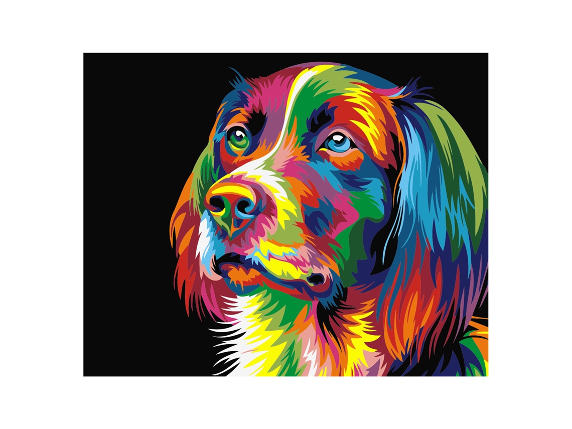Tela con diseño para colorear por números, 40 x 50 cm. Diseño de cachorro multicolor. Incluye pinzas y las pinturas necesarias.