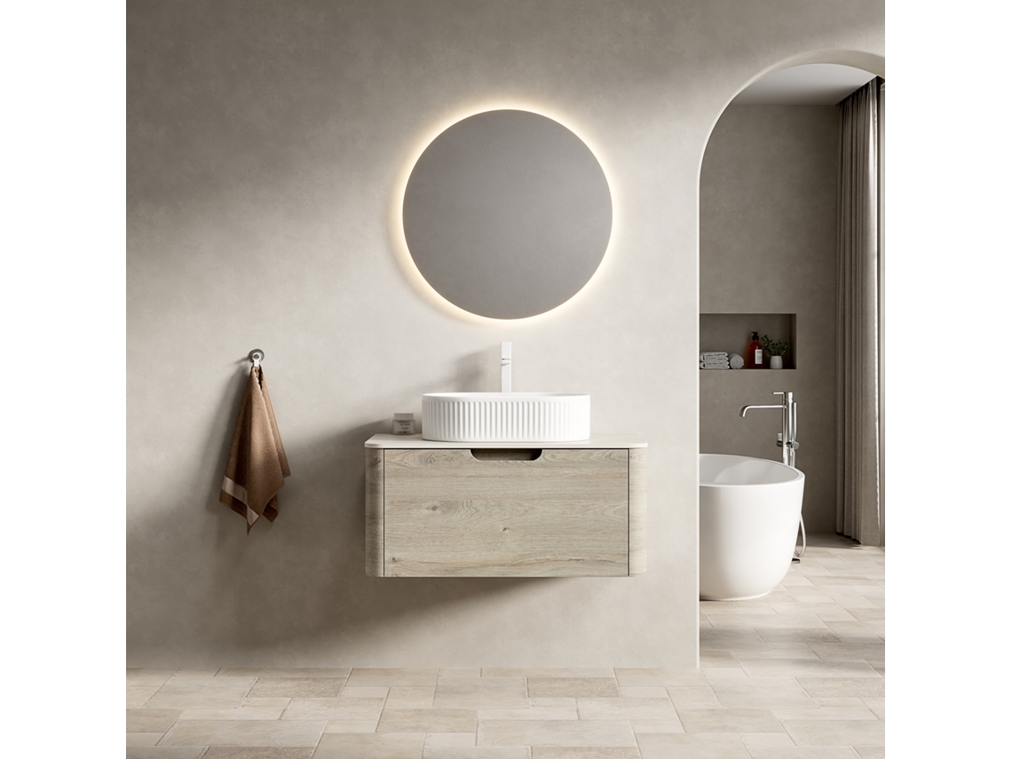 Rami Lavabo De Baño Flotante 80cm, Cubeta Oval Blanca, Piedra Sinterizada Travertino, Premontado