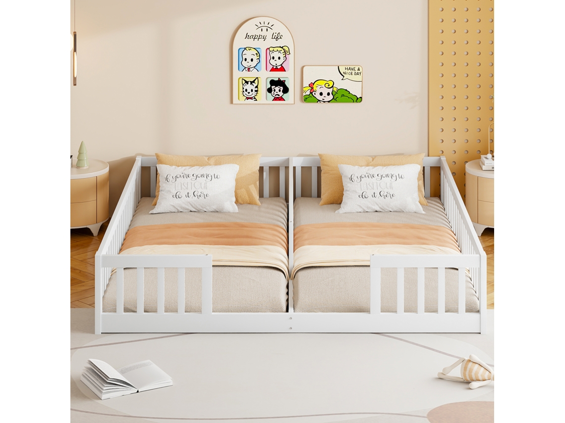 Cama Infantil Con Cabecero De 90x200 Cm Con Barandilla De Seguridad, De Pino Macizo, Sin Base Ni Colchón, Estilo Minimalista Blanco.