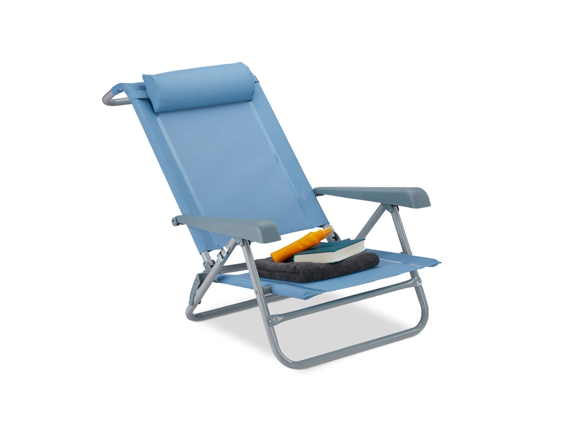 Relaxdays Tumbona Plegable Con Reposacabezas, Abrebotellas, Reposabrazos Ajustable, Plástico, Acero, 120 Kg, Azul