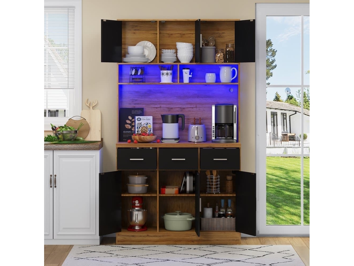 Buffet Multifuncional 100x40x180 Cm - Led, Control Remoto, Cajones, Estantes Ajustables, Enchufes - Natural+negro