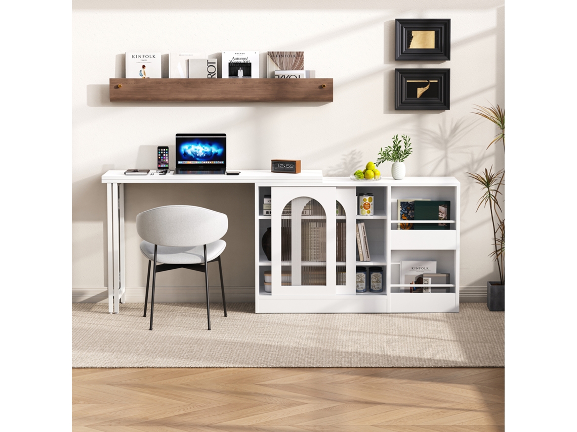 Mesa de bar moderna con rotación de 360°, extensible, con espacio de almacenamiento y puerta de cristal, color blanco, MOBRIO