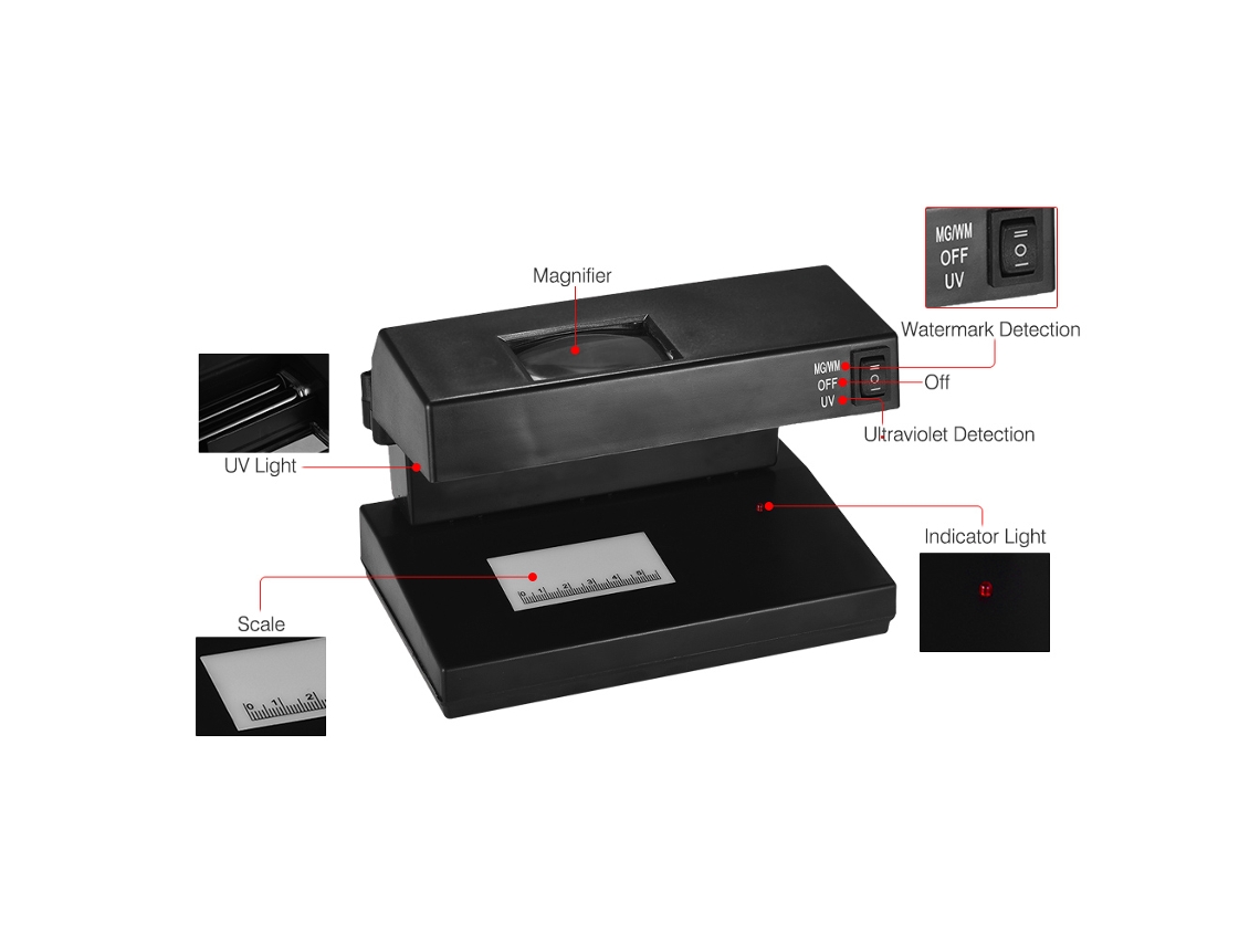 Detector De Billetes Falsos Portátil Uv/watermark Con Lupa Para Usd/euro/gbp