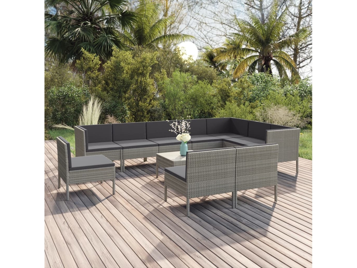 Conjunto de jardín de 11 piezas con cojines, ratán gris, DKD Home Decor