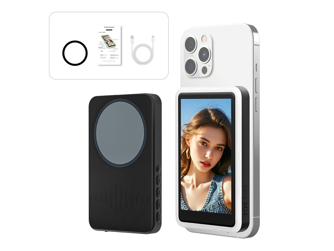 Pantalla frontal inalámbrica Bluetooth para selfies, pantalla trasera magnética de 4.0 pulgadas, modelo C92 negro con luz de relleno. Yunzii