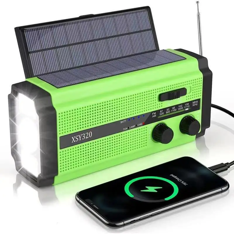 Radio de emergencia portátil Viewleaf de 5000 mAh con manivela, carga solar, FM/AM/NOAA, linterna LED, alarma SOS y función de banco de energía.