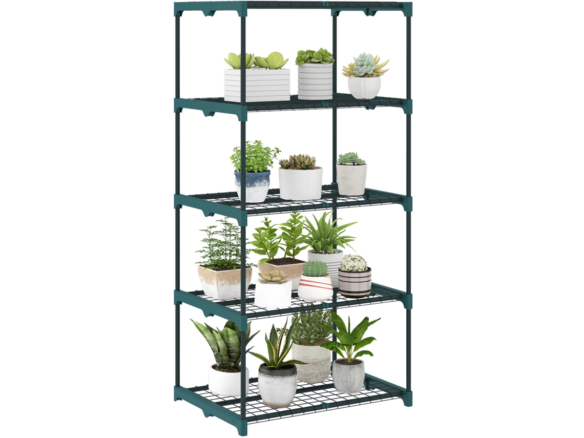Soporte para plantas de 5 niveles con estante de alambre de acero, 67x49x138 cm, color verde oscuro.
