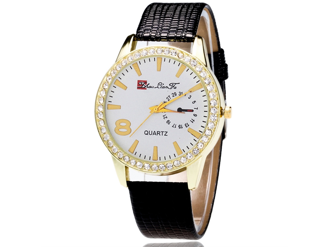 Reloj De Cuarzo Analógico De Lujo Con Strass Para Mujer Pulsera Pu Zhoulianfa Negro