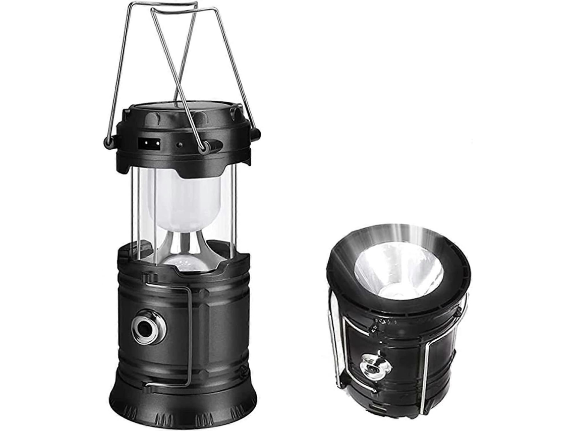Linterna solar recargable Rebe para camping, jardín y uso al aire libre con puerto USB, resistente al agua y carga para móviles.