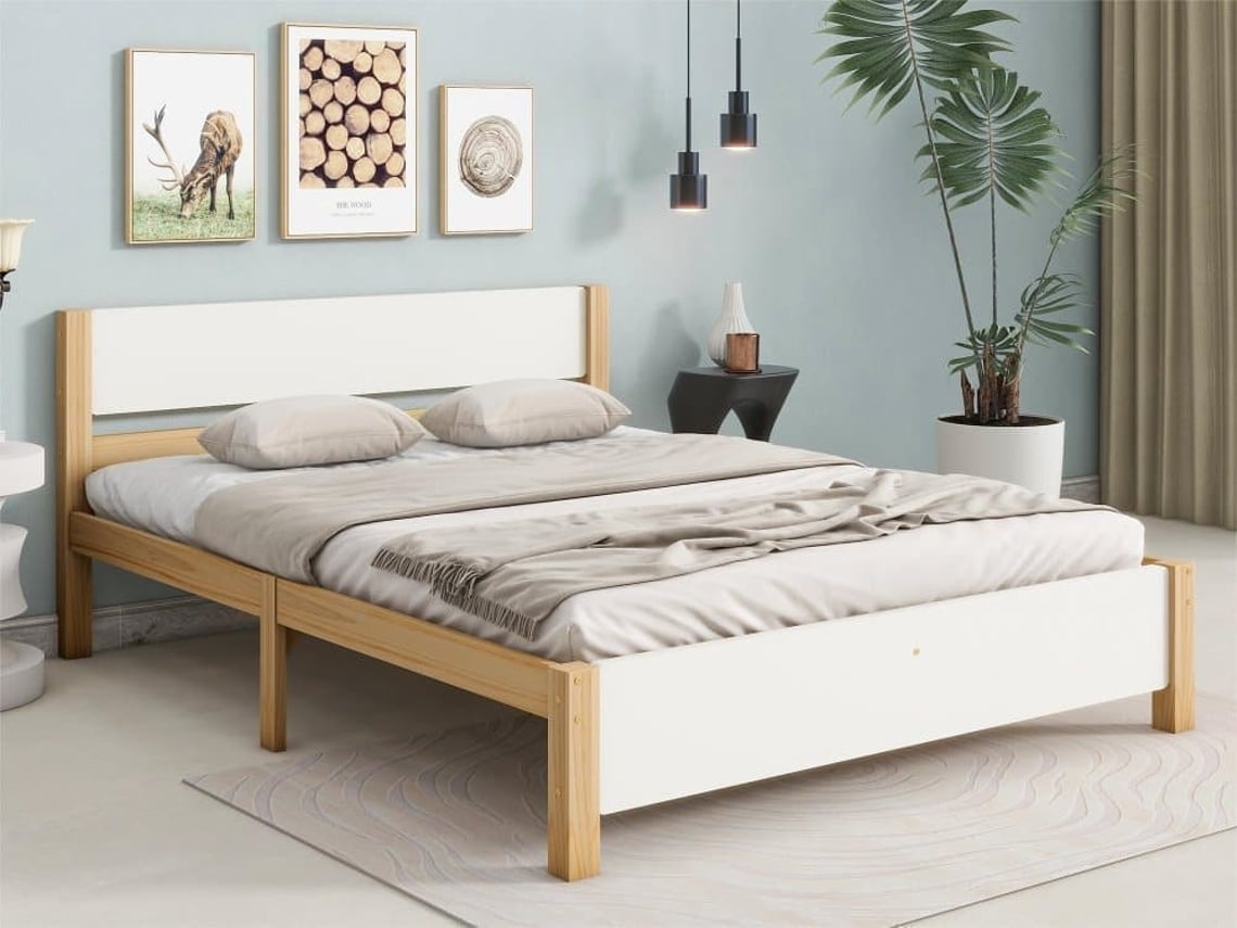 Cama Doble Estructura De Madera 140x200 Cm - Blanco