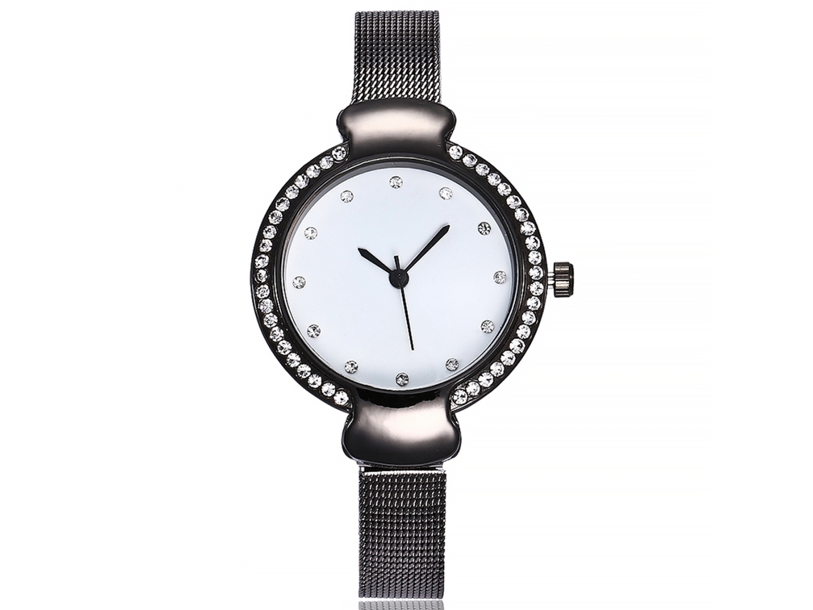 Reloj De Cuarzo Para Mujer Con Correa De Malla De Aleación Vansvar. Diseño Sencillo Con Diamantes De Imitación Negros.