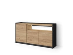 Aparador de comedor, 156x37x80cm, 3 puertas, LED, roble y negro.