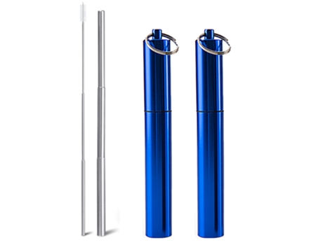 2 pajitas de metal reutilizables plegables de acero inoxidable para beber portátiles, color azul