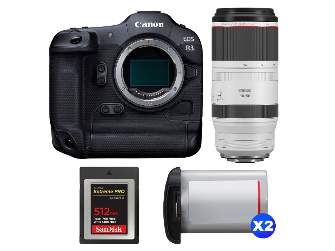 Canon Eos R3 + Rf 100-500mm F/4.5-7.1 L Is Usm + 1 Sandisk 512gb Extreme Pro Cfexpress Type B + 2 Canon Lp-e19 + Ebook Pricedirect