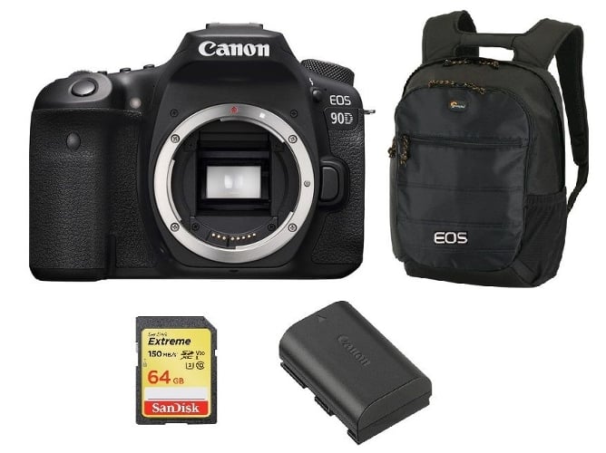 Kit Cámara Réflex CANON 90D + 64GB SD+ CANON LP-E6N + Mochila