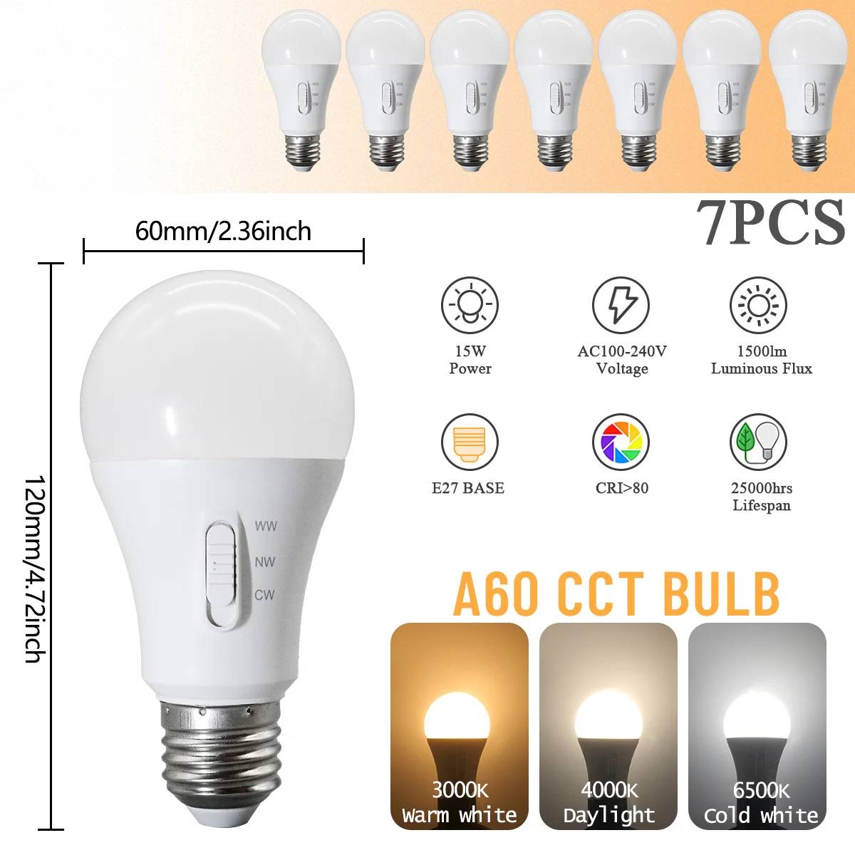 (7 Piezas, Ac100-240v) Bombilla Led E27 Con Interruptor Dip, Interruptor De Temperatura De Tres Colores, 15w, Para La Iluminación Del Hogar