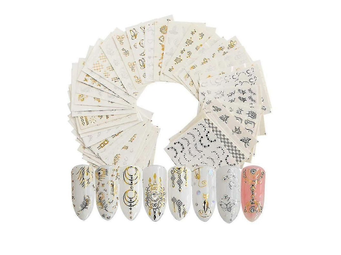 Pegatinas Para Decoración De Uñas, 30 Hojas Autoadhesivas, Transferencias Doradas Y Plateadas Con Diamantes De Imitación Y Lentejuelas Metálicas.