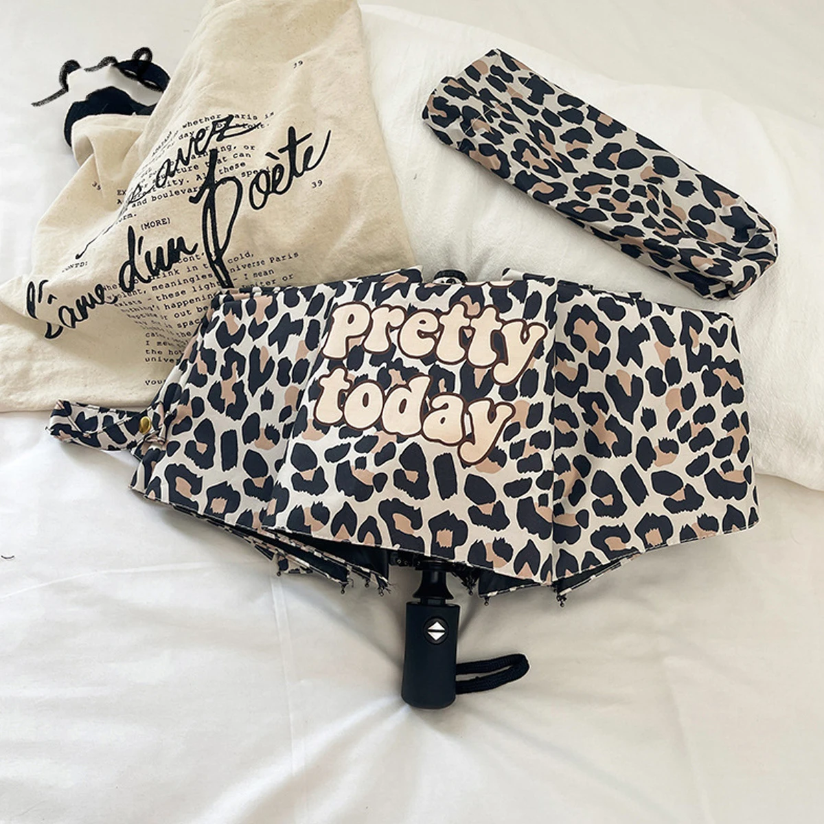 Paraguas Plegable De Viaje Impermeable Con Apertura Y Cierre Automáticos, Función De Protección Solar Y Estampado De Leopardo.