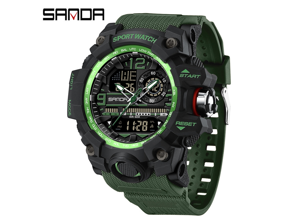 Reloj Electrónico De Moda (negro Y Verde para Hombre) Con Acabado Luminoso, Resistente Al Agua Y A Los Golpes. Alarma.