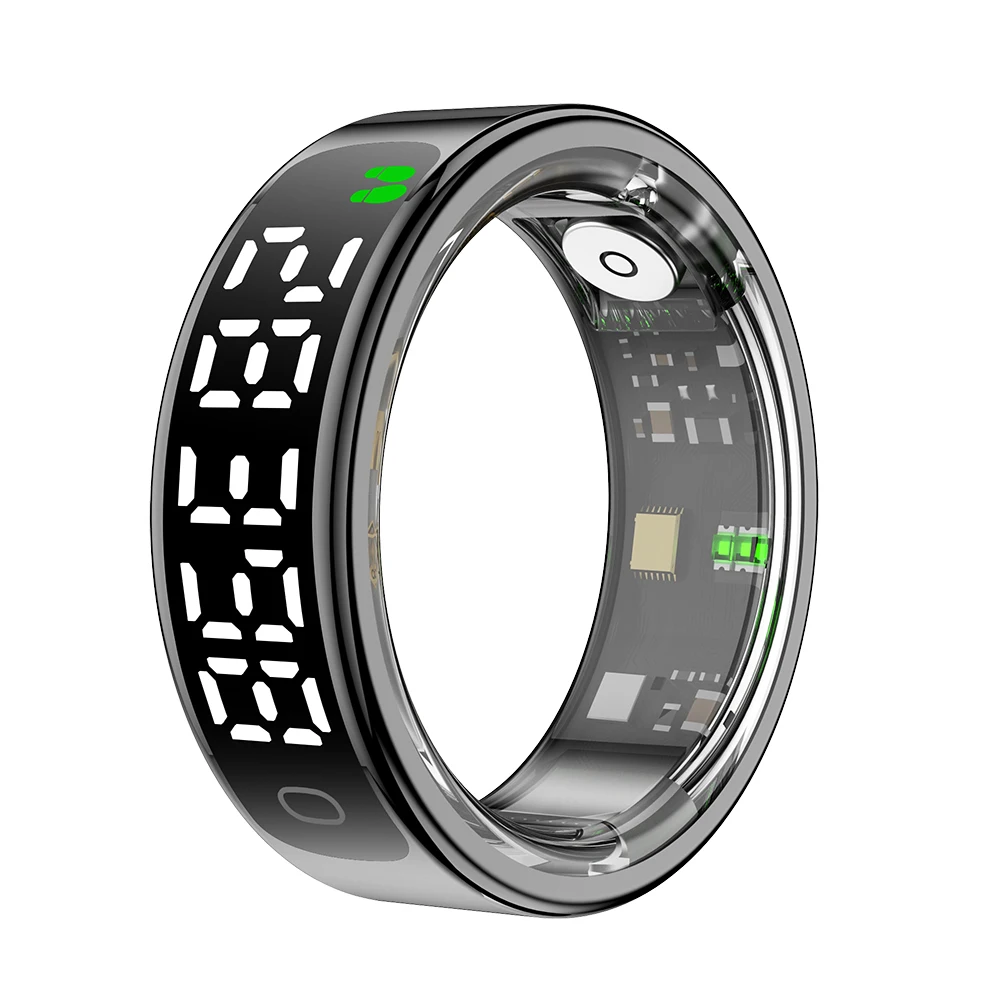 (Talla 8, Negro) Anillo inteligente con pantalla táctil, resistente al agua, monitorización de frecuencia cardíaca y oxigenación.