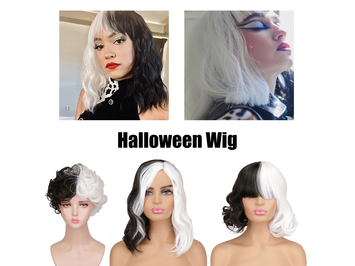 Peluca Sintética Corta Ondulada En Blanco Y Negro Para Cosplay De Halloween Para Mujeres