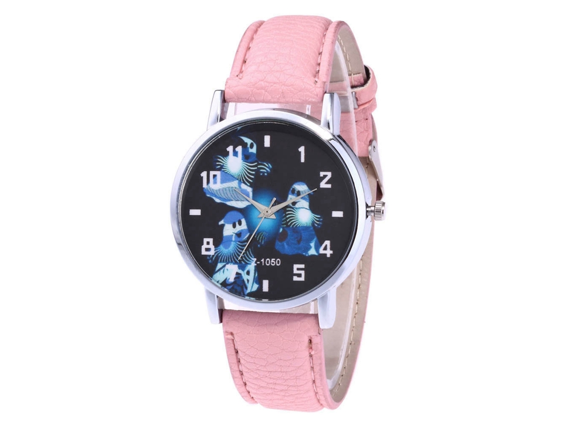 Reloj De Pareja Casual Con Correa Pu Patrón Halloween Cute Quartz Rosa