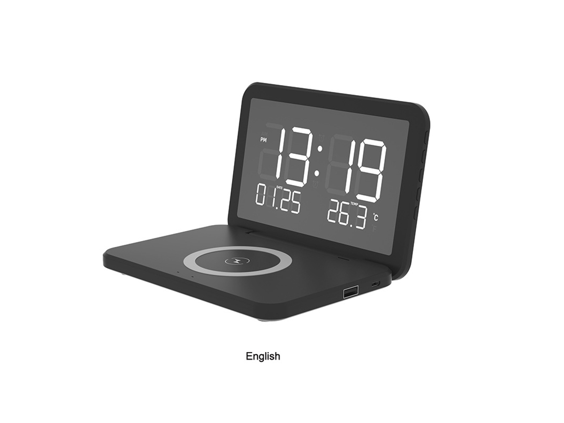 Reloj Despertador Plegable De 15 W Con Carga Inalámbrica | Reloj Inteligente Negro Calendario Perpetuo Indicador De Temperatura