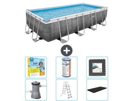 Piscina BESTWAY Rectangular Power Steel - Estampado Ratán - 488 x 244 x 122 - Incluida Bomba - Escalera - Cobertor Accesorios CB35