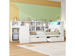 Cama Infantil De Esquina De 90x200 Con Escritorio, Estantería, Cajones, Iluminación Led, Madera Blanca, L