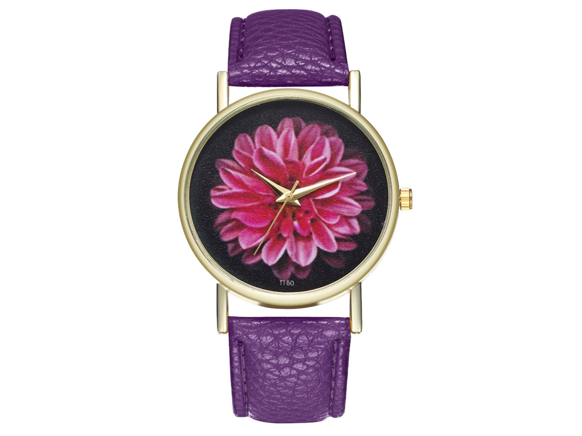 Reloj De Cuarzo De Moda Para Mujer Con Correa De Piel Sintética Con Estampado Floral Morado.