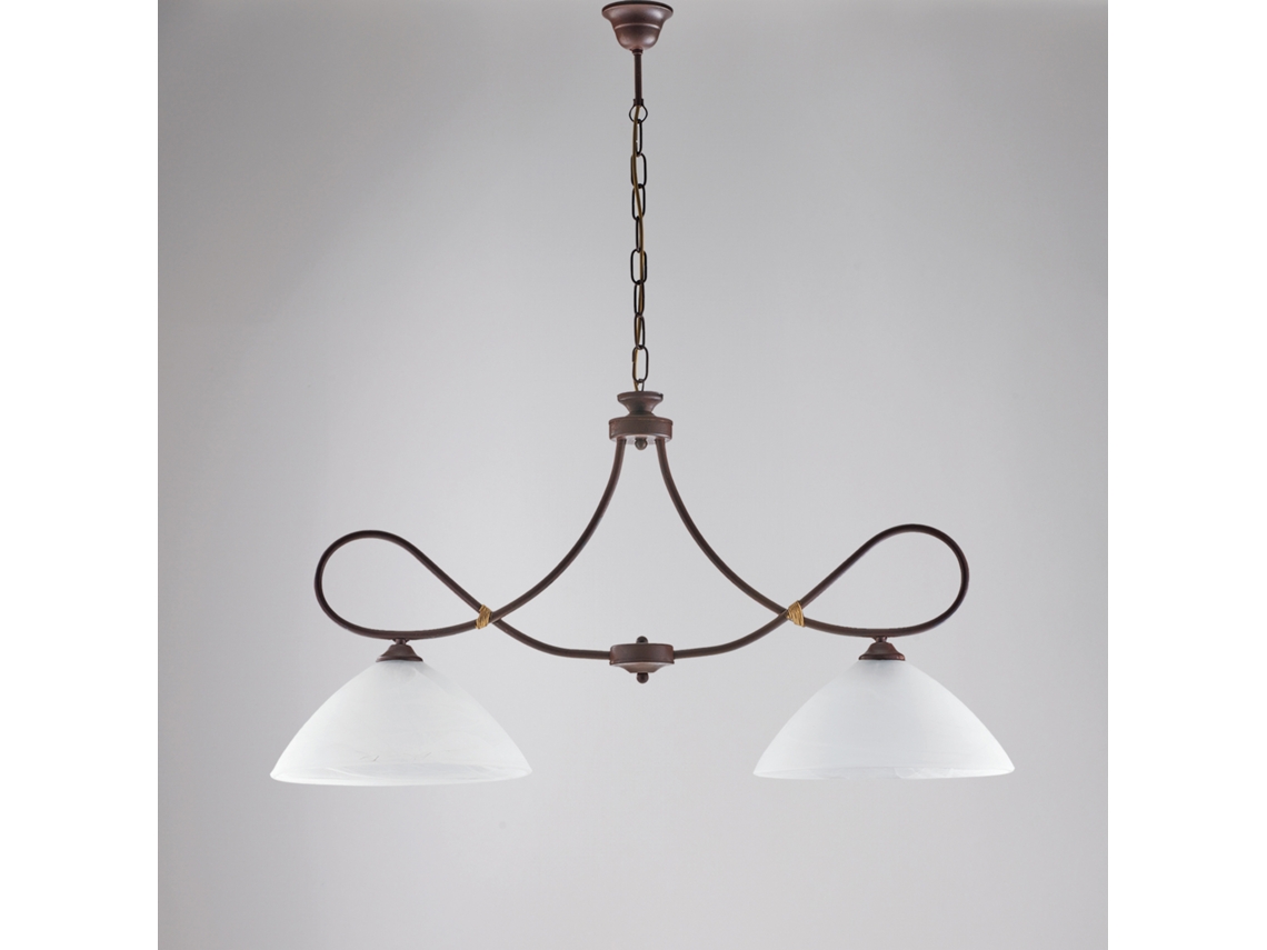Lámpara de araña Dallas de hierro lacado en negro con efecto óxido Deco y acabado en oro antiguo con difusores de cristal D. 13 Alabastro blanco 2 luces Belight