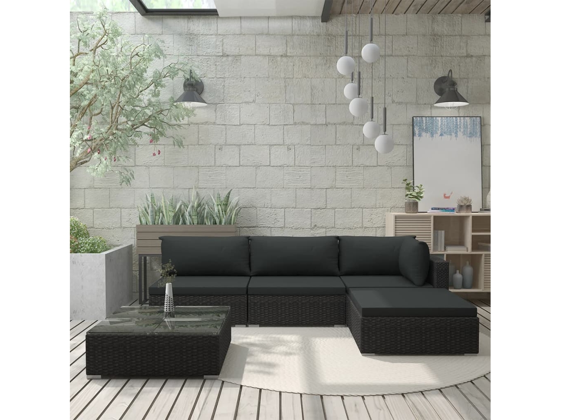 Conjunto de jardín de 5 piezas con cojines, mimbre sintético negro, DKD Home Decor