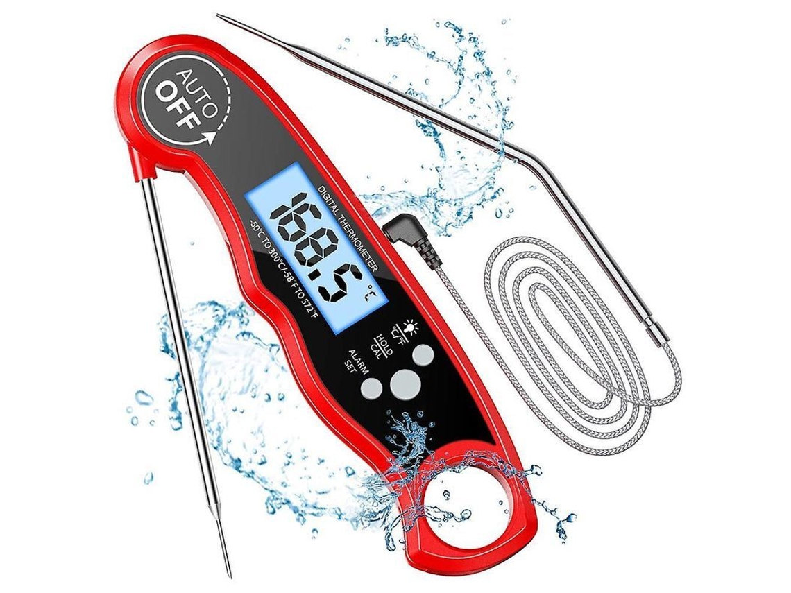 Termómetro instantáneo para carne Kbe, resistente al agua IP66, para barbacoa y cocina, con pantalla retroiluminada y calibración digital.