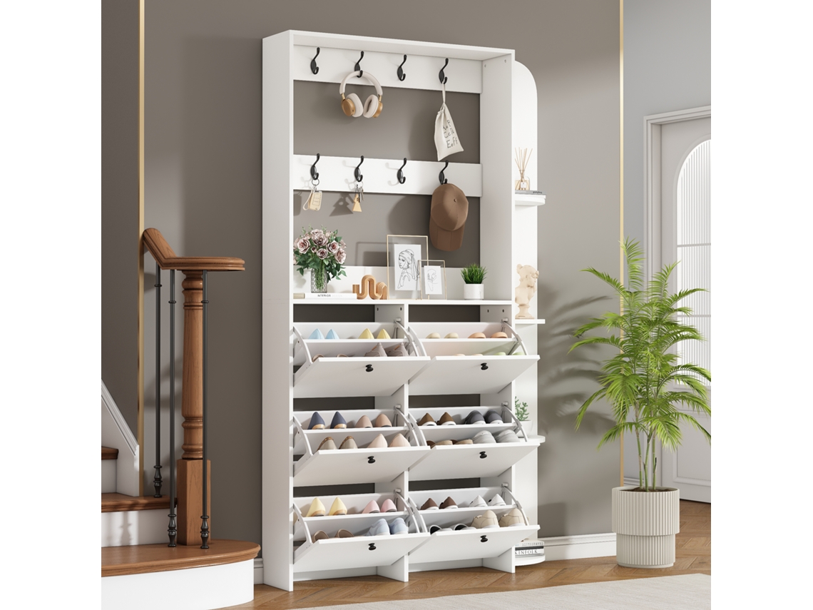 Zapatero multifuncional 3 en 1, 8 ganchos, 5 estantes, blanco, 20 x 24 x 200 cm, MOBRIO