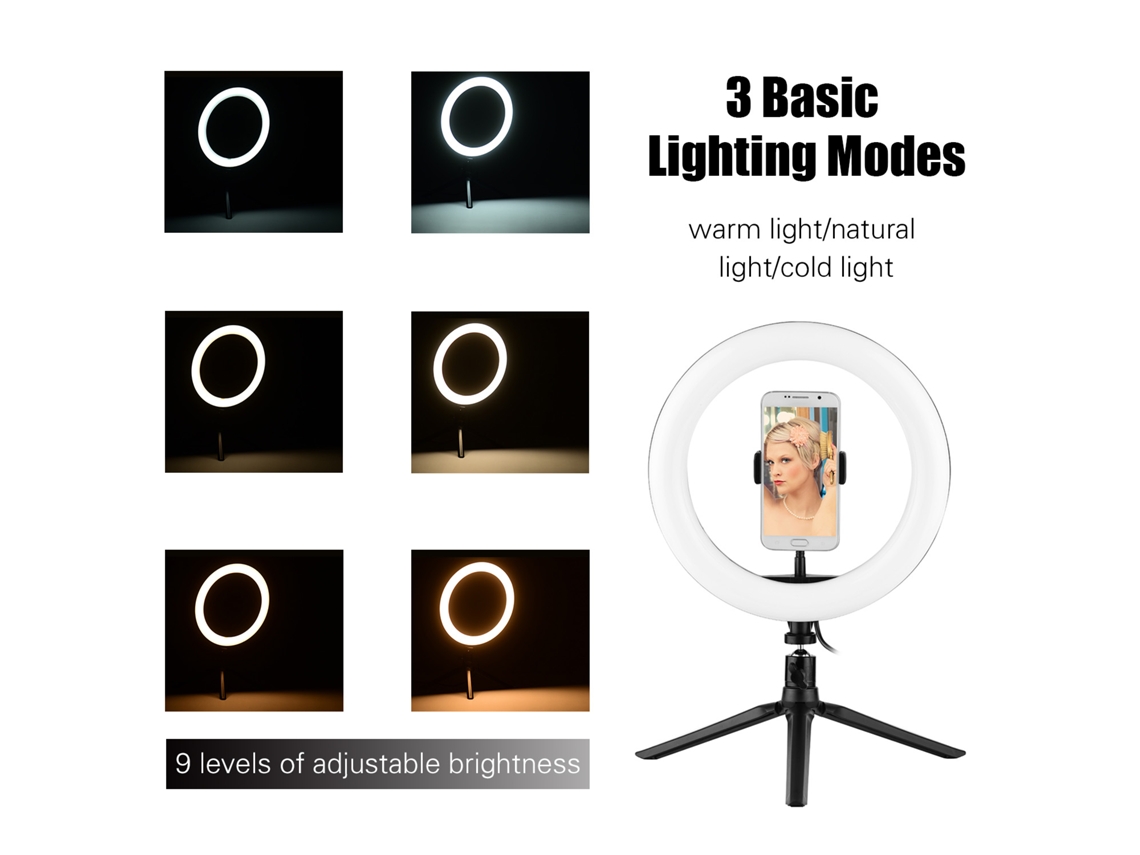Anillo de luz LED RGB de 10 pulgadas con soporte, luz de escritorio USB para maquillaje y selfies con el móvil.