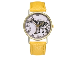 Reloj De Cuero Pu Con Patrón De Elefante Para Mujer Y Hombre Amarillo De Cuarzo