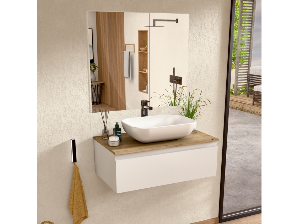 Mueble de baño suspendido con lavabo y espejo de cerámica, mueble con 1 cajón, 60 x 27 x 45 cm, mueble blanco y encimera Bellobath de roble.